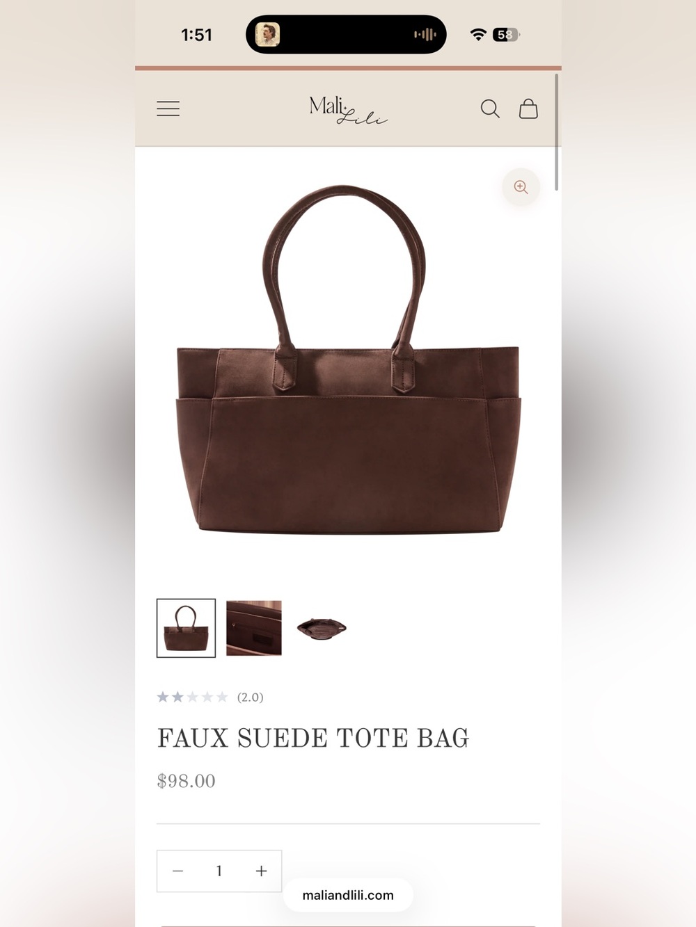 Classic Brown Faux Suede Tote Bag - Women's Everyday Shoulder Bag- Mali Lili